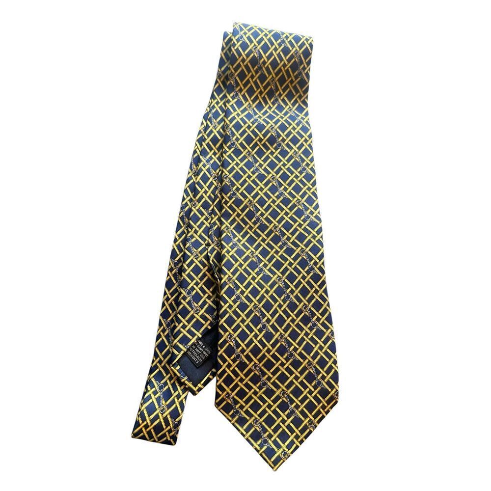 Authentic GUCCI Made In Italy Silk Navy & Yellow Iconic Horsebit Neck Tie